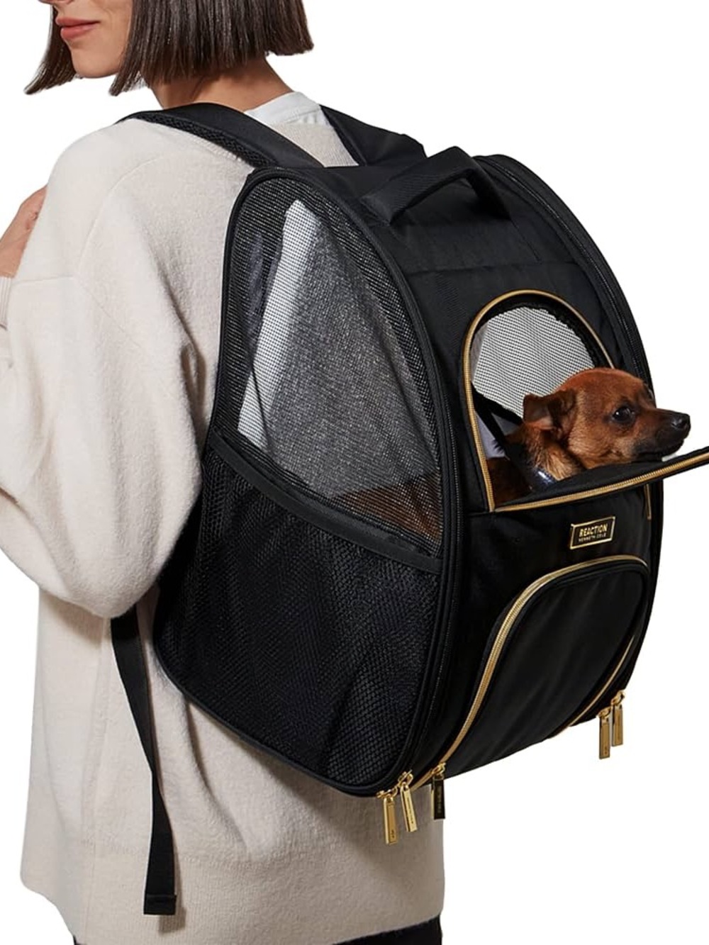 NWT Kenneth Cole Pet Carrier Backpack Black Gold Hardware Airline Approved